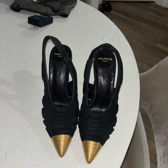Balmain Black and Gold Cutout Slingback Heels - Picture 4 of 8